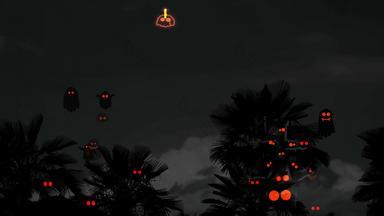 万圣节晚上天空回来轮廓棕榈树精神头骨飞神秘的红色的眼睛鬼魂主题公园